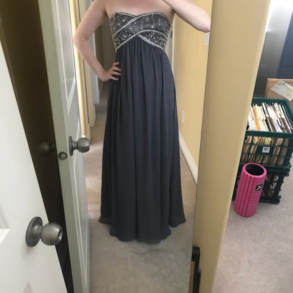David’s Bridal Charcoal Grey Gown with Beading - Picture 2 of 9